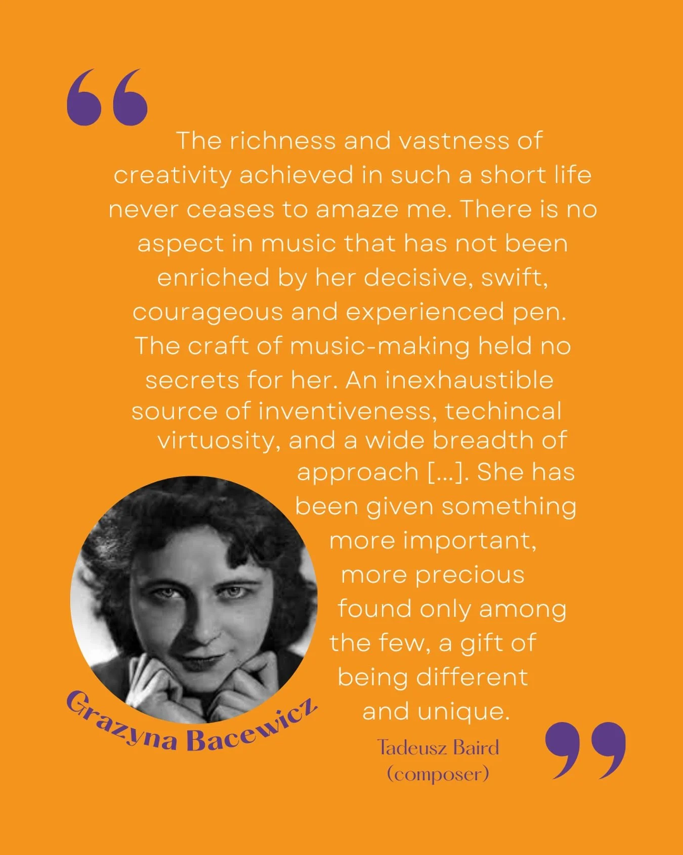 𝔾𝕣𝕒𝕫𝕪𝕟𝕒 𝔹𝕒𝕔𝕖𝕨𝕚𝕔𝕫 (1909-1969) die suddenly at the age of 60. Yet she left us an incredible work opus of over 200 works, including 4 symphonies, 7 violin concertos, 1 viola concerto, 2 cello concertos, 1 piano concerto and 1 concerto for