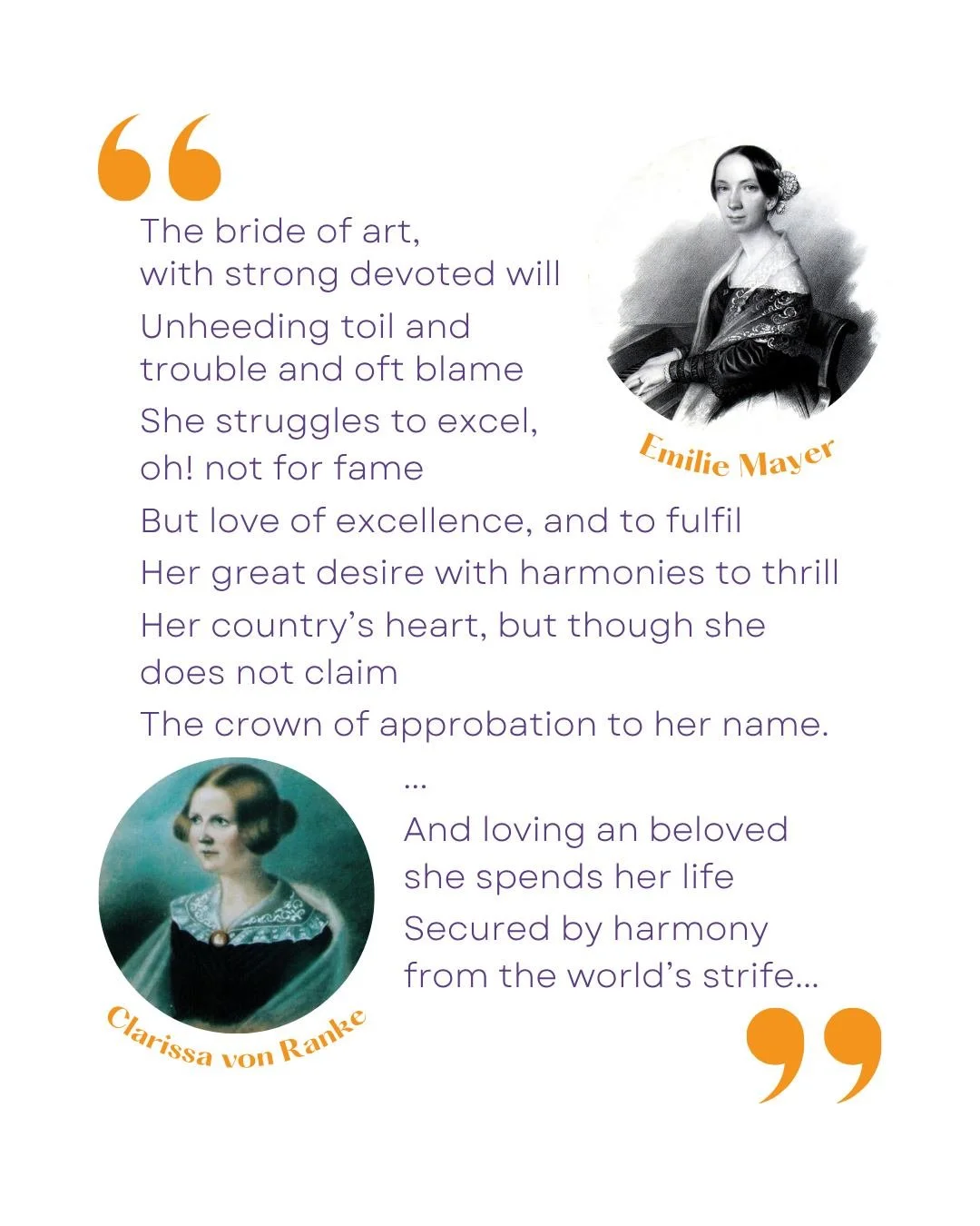 𝐂𝐋𝐄𝐕𝐄𝐑 𝐐𝐔𝐎𝐓𝐄 💬

This poem about Emilie Mayer was written by Clarissa von Ranke and is part of her posthumous work &ldquo;Stars of My Life&rdquo;, a private collection of poems which talk about family members and &ldquo;celebrities&rdquo;,