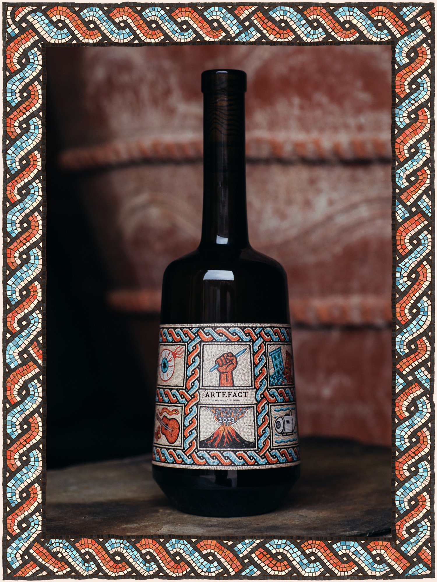 Artefact Wine A Moment In Wine Bacchus 2023 Bottle with mosaic artwork