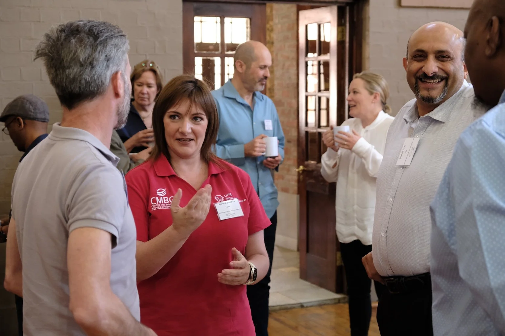  Kerneels Jaars, Judith Sealy, Roger Diamond, Mariana Erasmus, Petrus le Roux, Sarah Fawcett, Imraan Patel and Charles Mokonoto all taking the opportunity at tea time to catch up. 