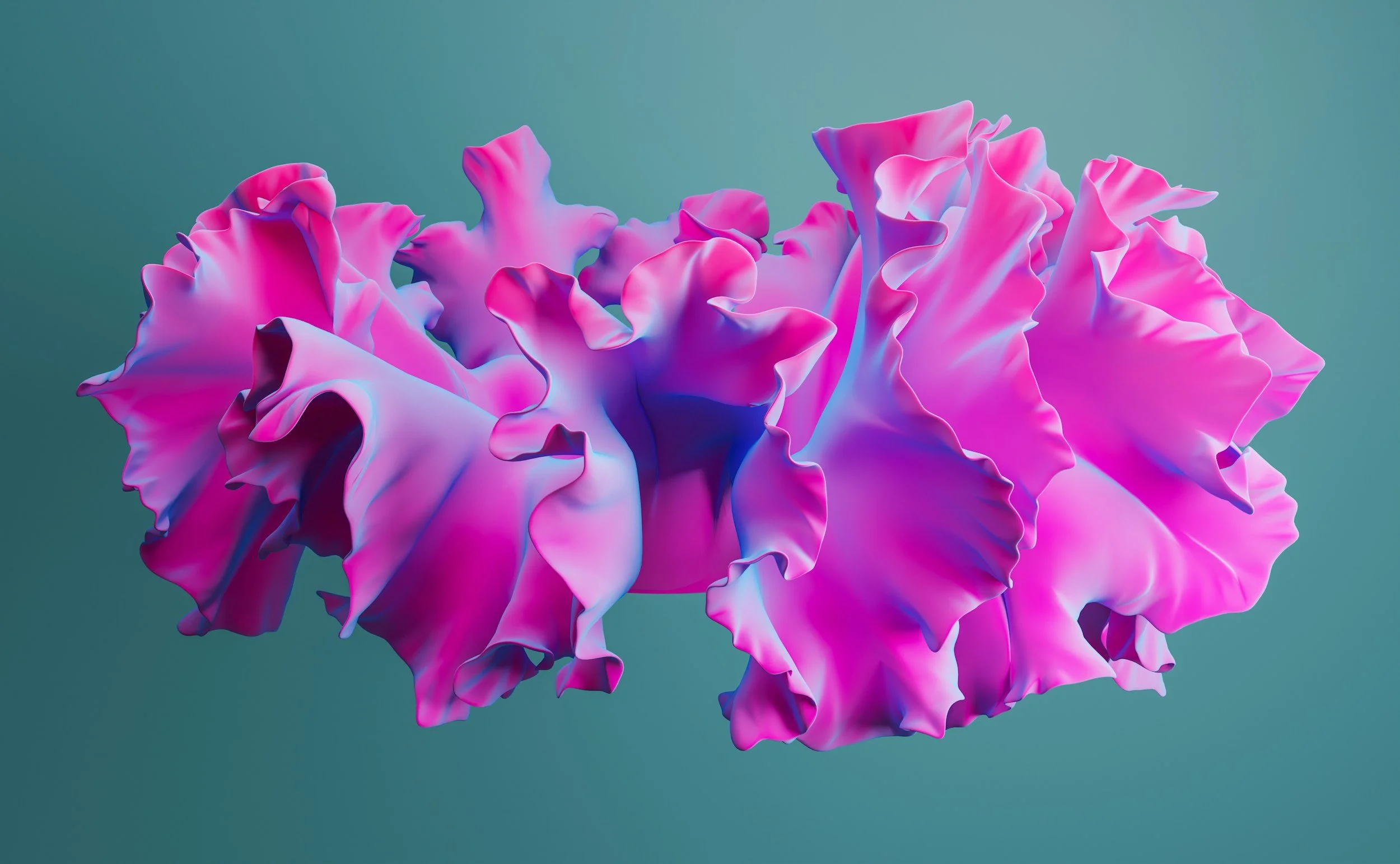 A vibrant, digitally rendered pink and purple ruffled flower against a muted teal background.
