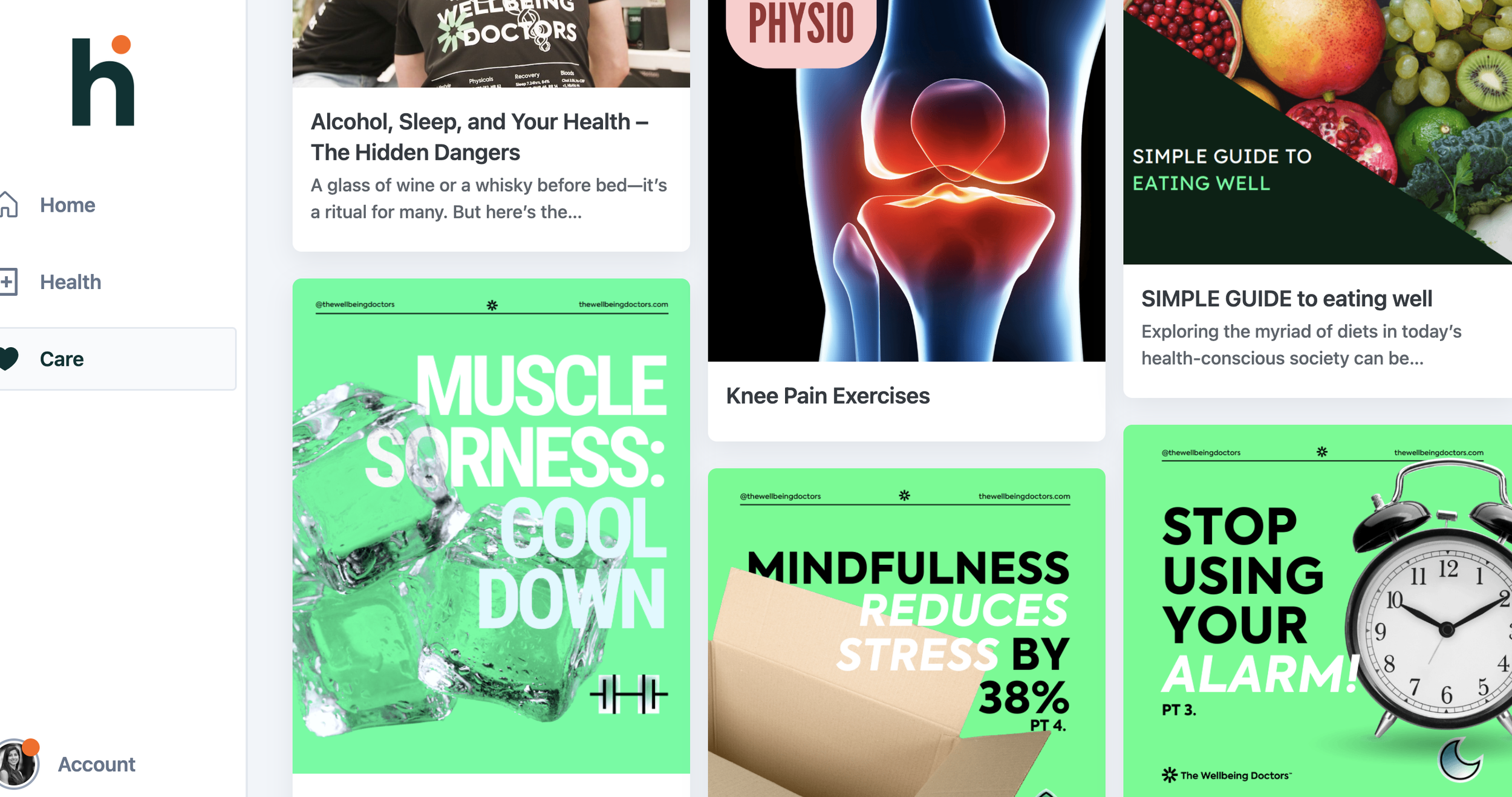 Collage of health-related images and text, including an article titled "Alcohol, Sleep, and Your Health—The Hidden Dangers," an illustration of a knee joint with inflammation, a guide to eating well with fruits, a green poster about muscle soreness, a bright green poster about mindfulness reducing stress, and a poster warning to stop using your alarm clock.
