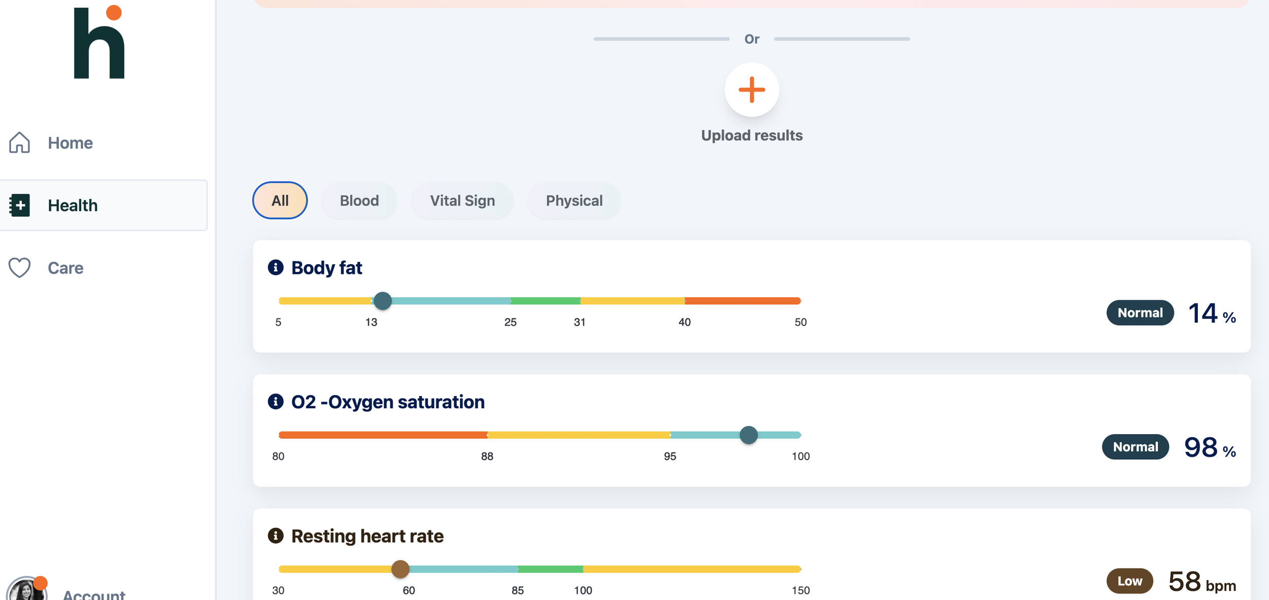 Screenshot of a health tracking app displaying body fat percentage, oxygen saturation, and resting heart rate with respective readings and status indicators.