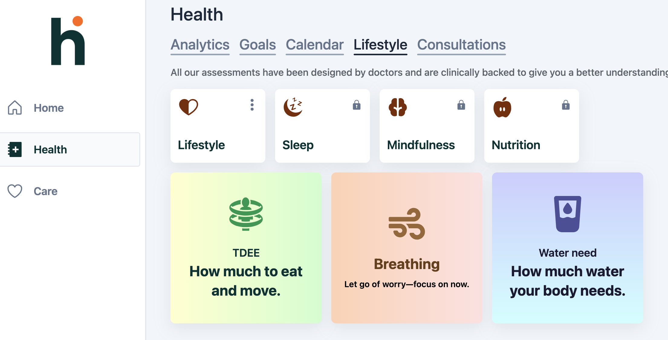 Digital health dashboard showing sections for Lifestyle, Sleep, Mindfulness, and Nutrition, with colorful cards for How much to eat and move, Breathing advice, and Water needs, all on a white background with a left sidebar menu.