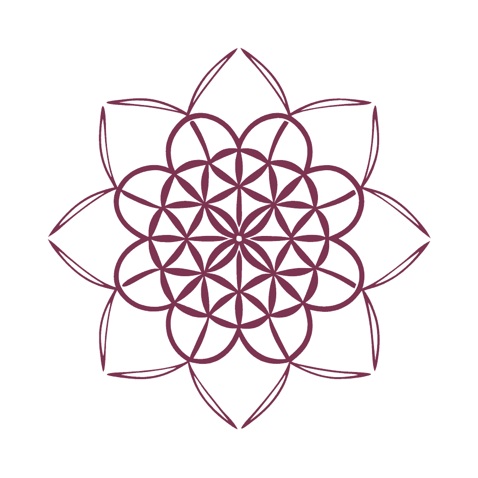A geometric design of a flower with multiple overlapping circles and pointed petals, in a purple color on a black background.