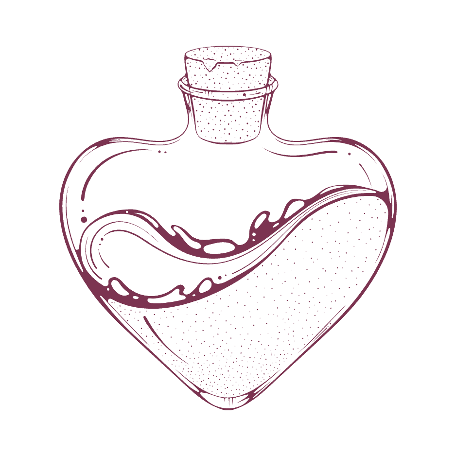 A pink outline drawing of a heart-shaped perfume bottle with a spray top, set against a black background.