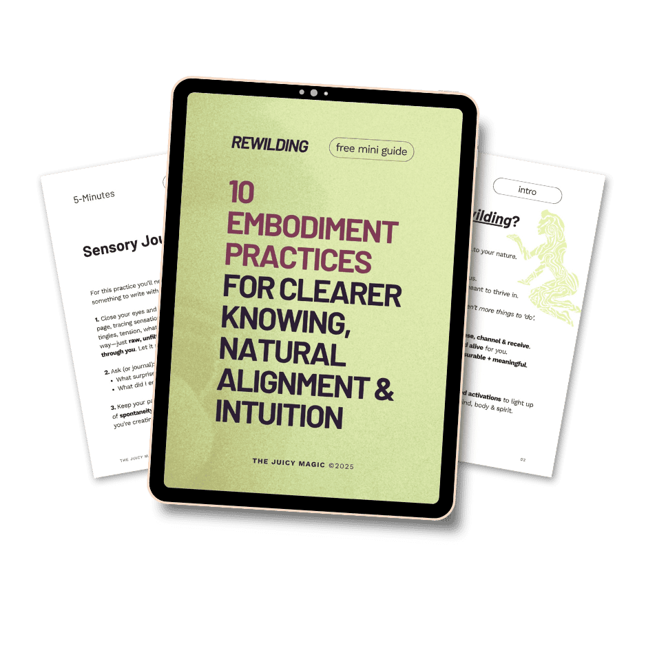 A digital tablet displaying a guide titled '10 Embodiment Practices for Clearer Knowing, Natural Alignment & Intuition' by The Juicy Magic, with two other papers partially visible behind it, showing text and illustrations.