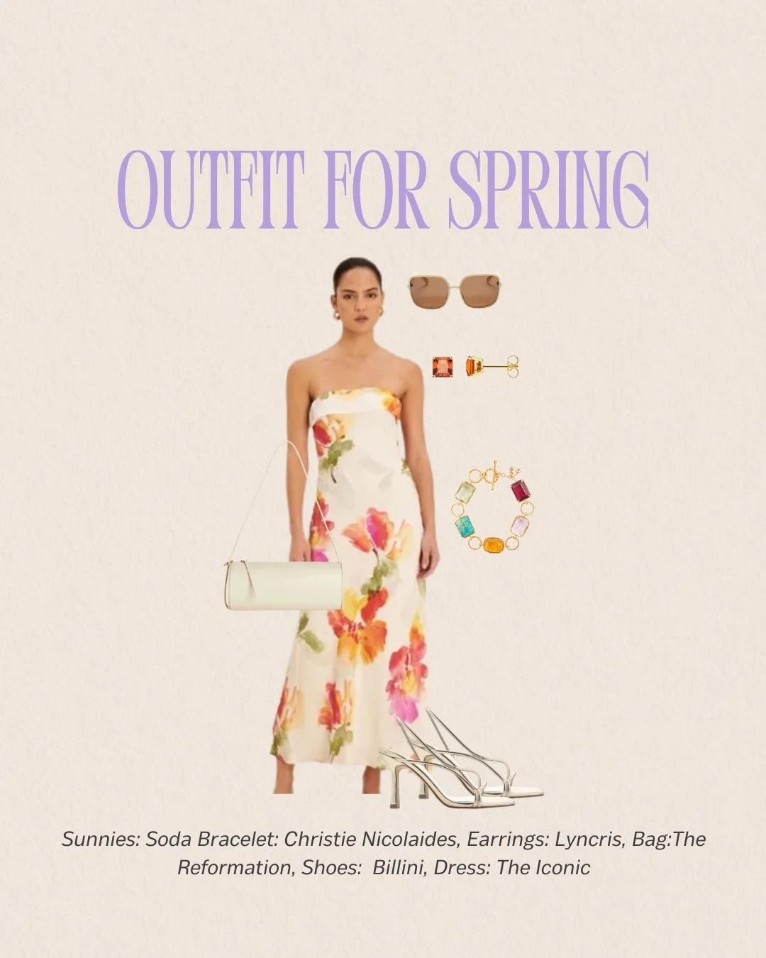Spring has that magic, the season where everything feels lighter, brighter, and full of possibility. This look is pure sunshine energy: fresh florals, playful colors, and just the right touch of sparkle to carry you from brunch to golden-hour cocktai