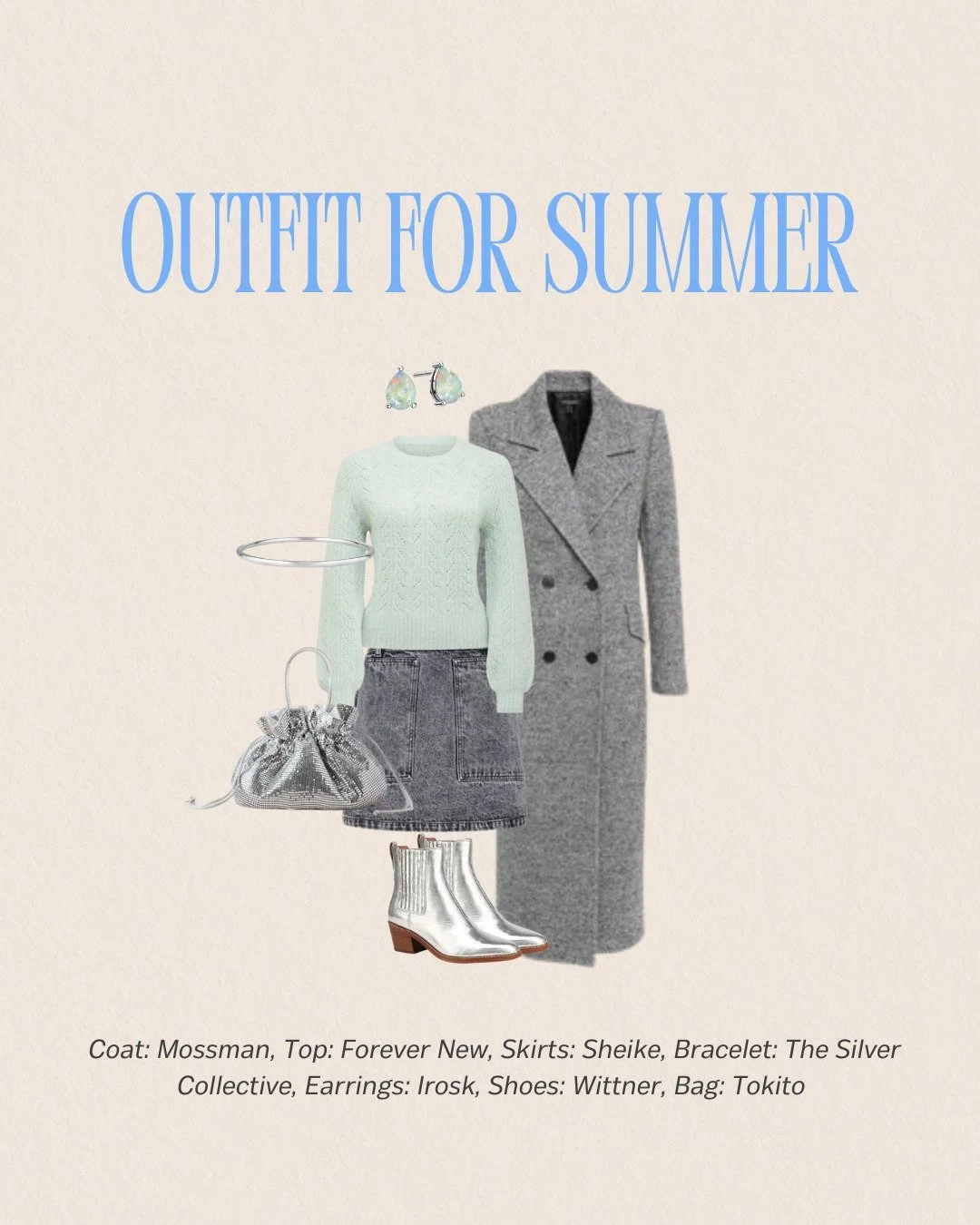 This Summer outfit is all about soft contrast and cool elegance. Light knits, muted denim, and silver accents come together for a look that feels fresh, wearable, and effortlessly chic. Perfect for those in-between days when you want layers without h