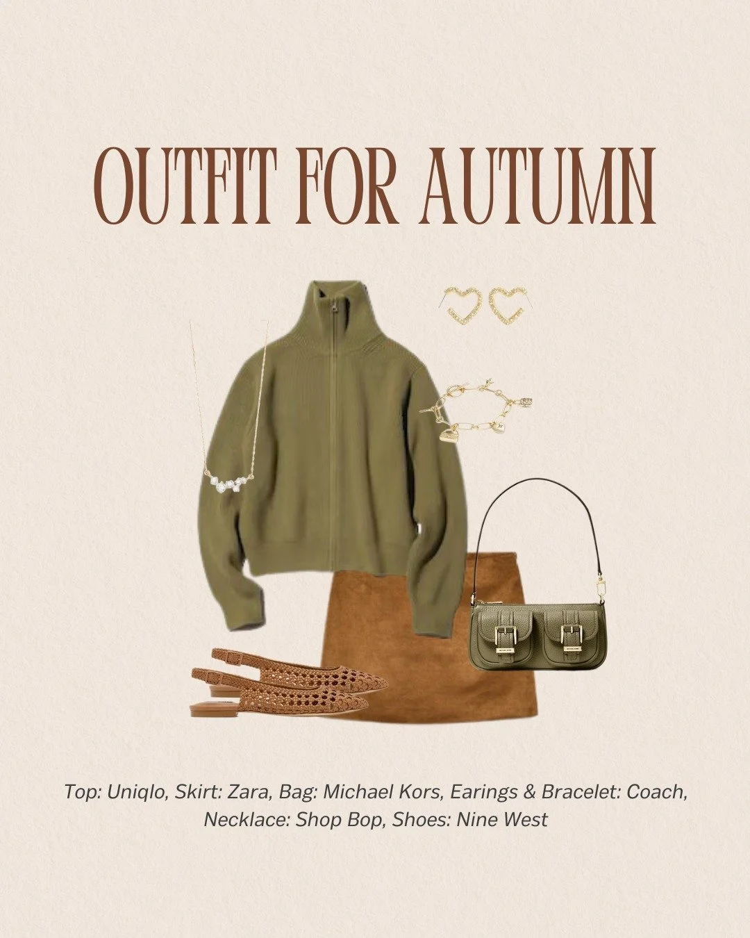This Autumn outfit is grounded, warm, and beautifully cohesive. Earthy greens, rich browns, and soft gold accents create that effortlessly put-together look Autumn palettes shine in. Nothing loud, just quietly luxe.

Brands featured:
Uniqlo | Zara | 