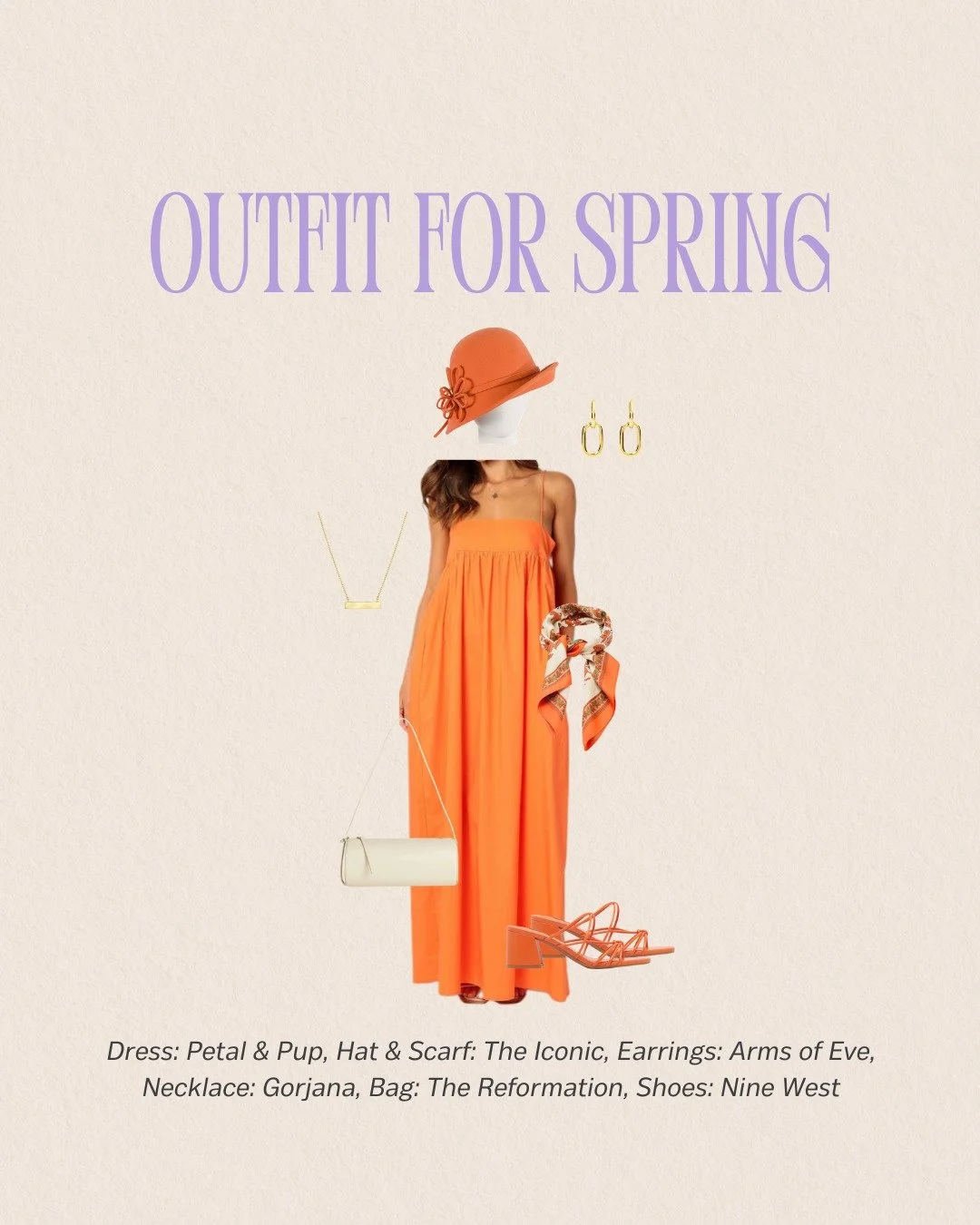 This Spring outfit is vibrant, playful, and full of warmth. The fresh orange tone paired with soft gold details creates an uplifting look that feels effortless yet eye-catching, perfect for Spring palettes that glow in warm, clear colours.

Brands fe