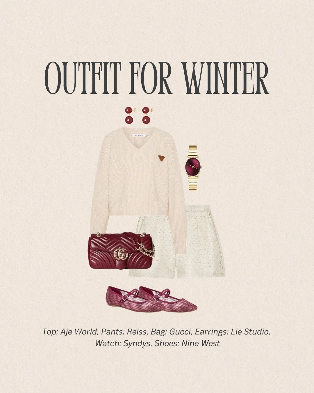 This look plays with cool neutrals and rich berry tones. The creamy knit paired with deep burgundy accessories creates contrast without losing sophistication. Winter palettes shine in clarity and depth, and that touch of wine against crisp neutrals f
