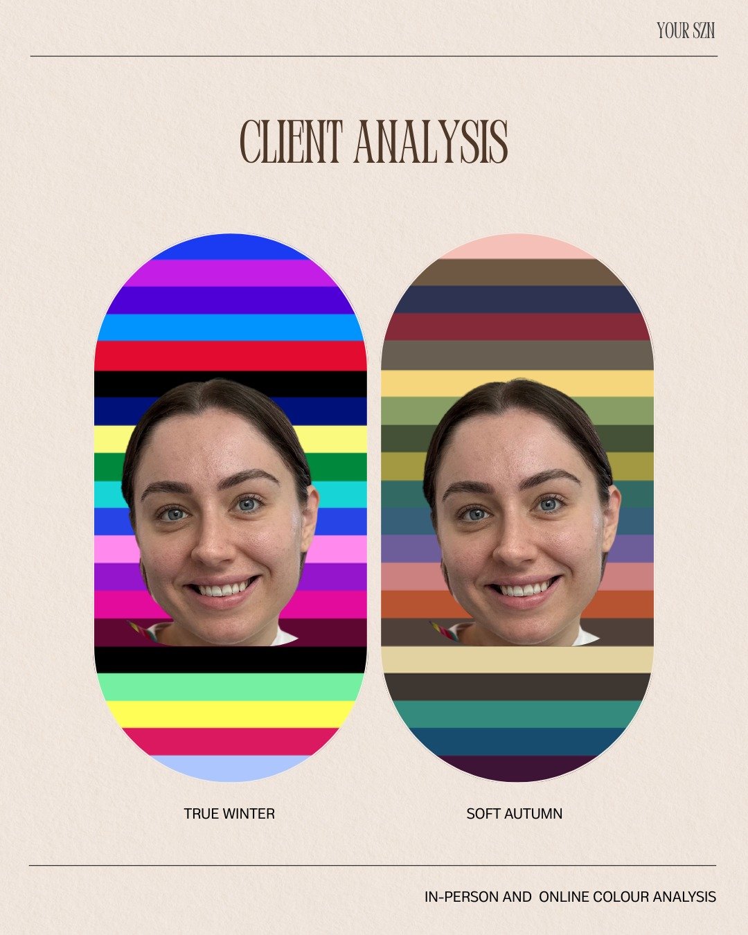 From first glance to final results ✨

We explored everything. Temperature, chroma, contrast, and subseason, to make sure her palette wasn&rsquo;t just &ldquo;close enough&rdquo; but truly aligned.

At first, Soft Autumn seemed possible. But once we t