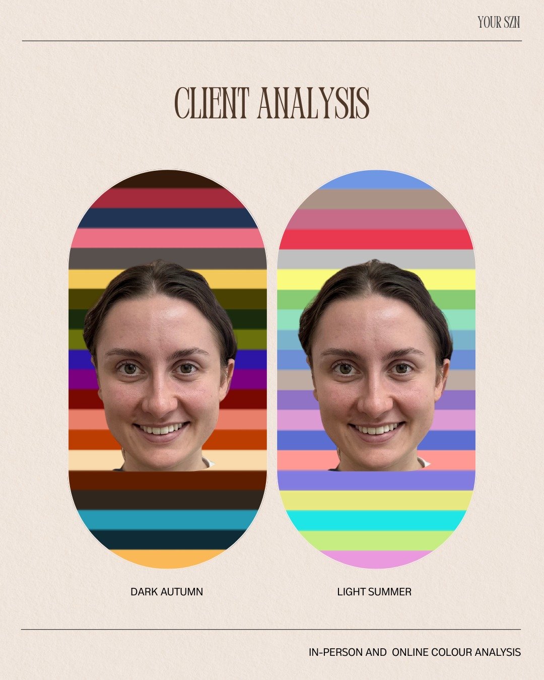 During every colour analysis, this is the process.

We don&rsquo;t jump straight to a season.

First, we compare possible directions side by side.
Then we test temperature.
Warm vs cool.

Next, we assess chroma.
Muted vs clear.

Then contrast.
Low, m