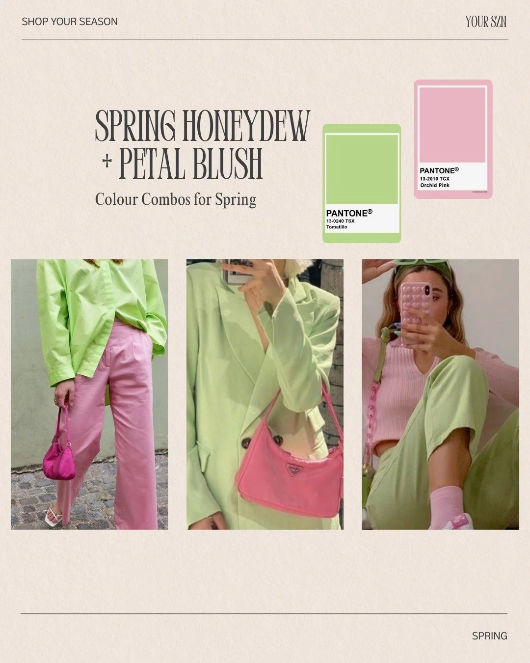 Colour combos done right make your wardrobe feel effortless.

Spring glows in fresh honeydew and petal blush, light, playful, and full of life.
Summer softens into mist aqua, lavender drift, and cornflower haze, cool, airy, and elegant.
Autumn deepen