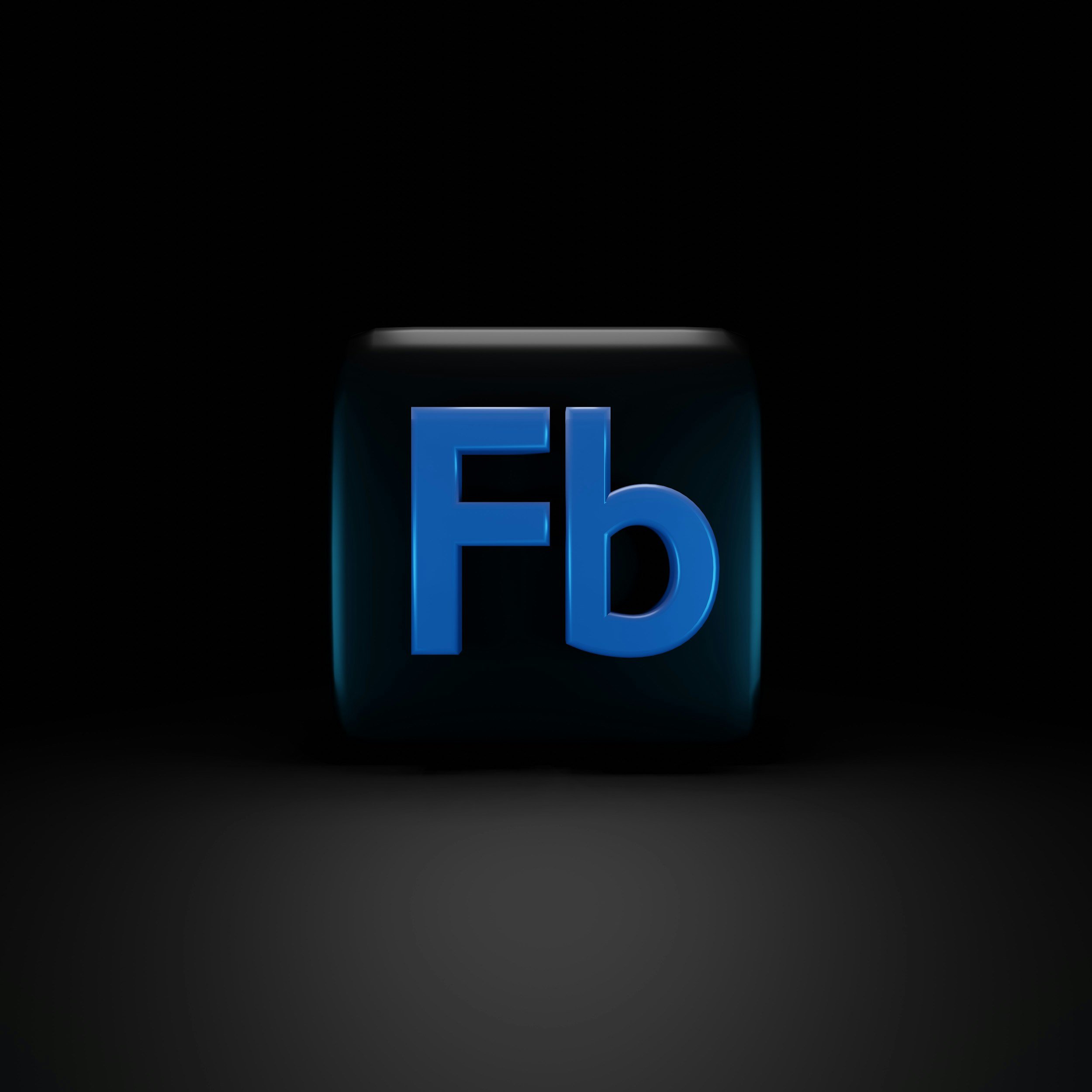 Dark background with a glowing blue Facebook logo on a cube