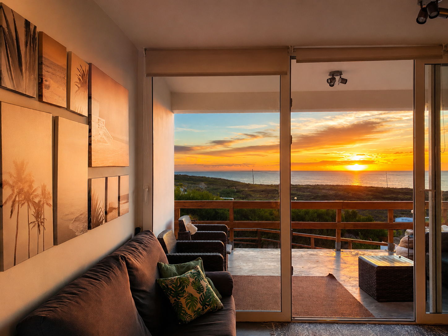 Living room with sliding glass door opening to a balcony overlooking the ocean during sunset, with a sofa, artwork on the wall, and outdoor seating.