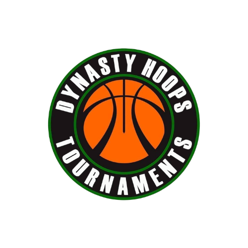 Logo for D Dynasty Hoops Tournament featuring an orange basketball with black lines, surrounded by a black and green circular border with white text.