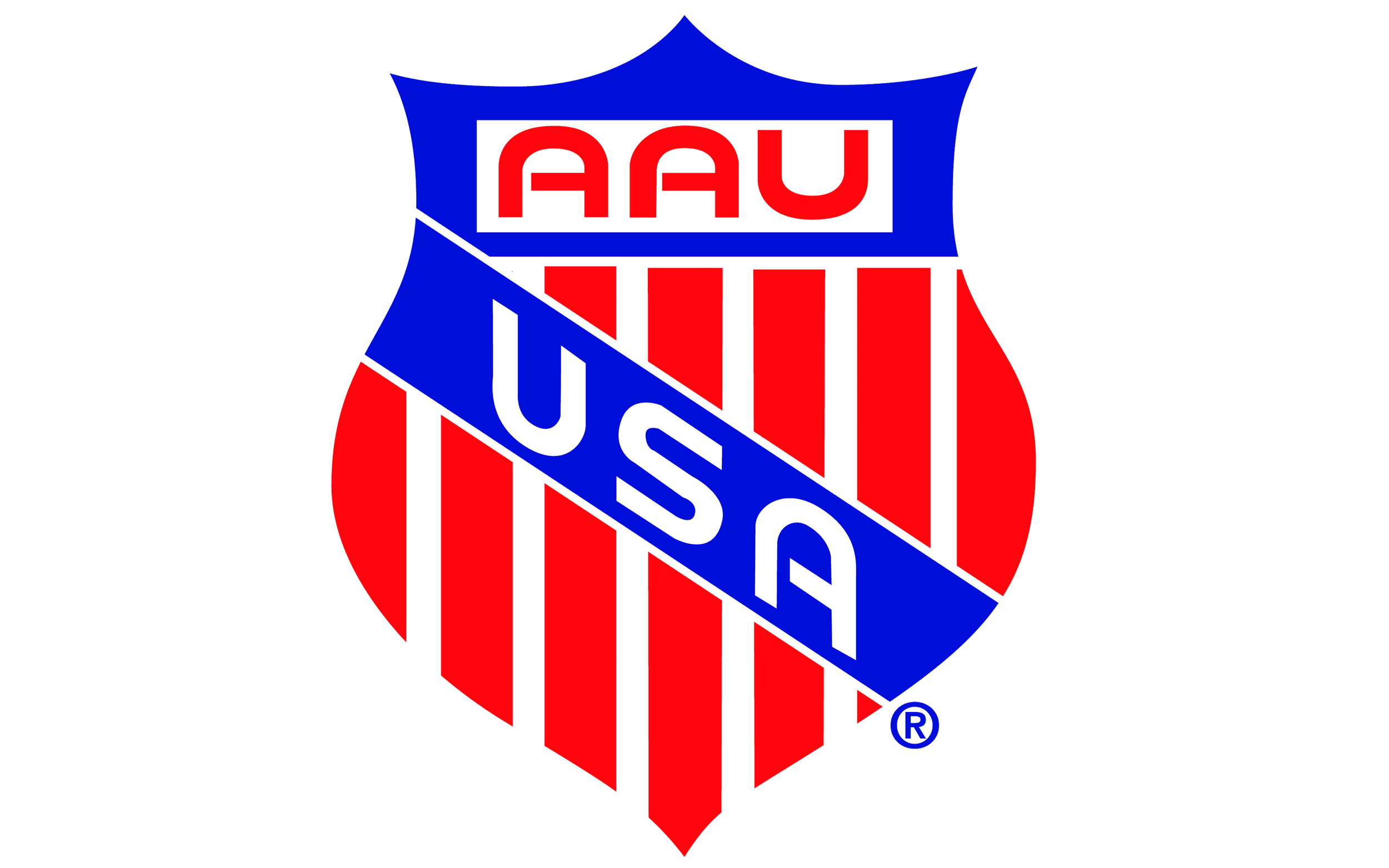 The image features a logo with a blue shield-like shape, a red circle in the background, and text that says 'AAU' in red letters inside a white rectangular box at the top. A diagonal blue ribbon across the logo displays the word 'US' in white letters.