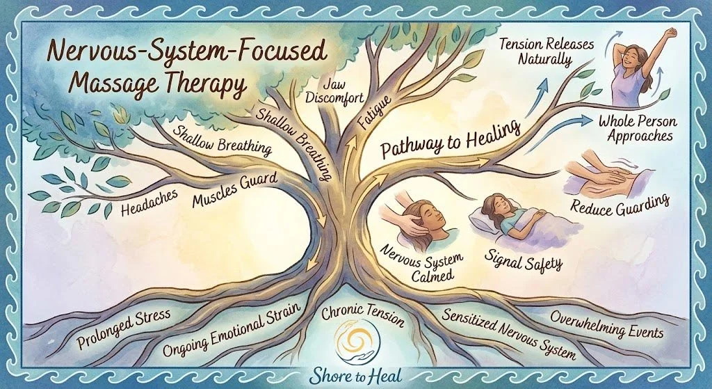 A diagram illustrating the pathway to healing through nervous-system-focused massage therapy, depicted as a tree with branches representing symptoms, the healing pathway, and approaches.