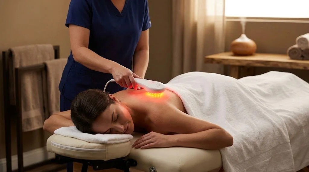 A woman receiving a back treatment with an ultrasound device in a spa or massage room.