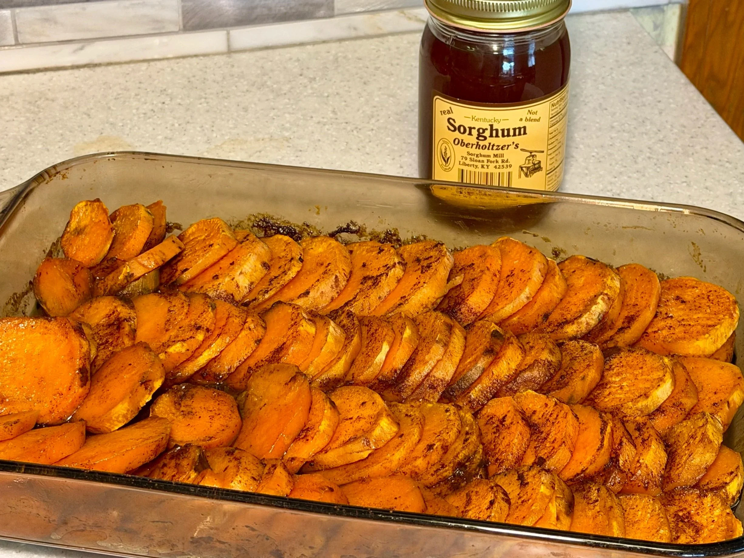 Candied sweet potatoes in a casserole dish