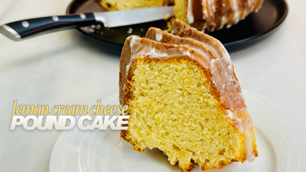 Slice of lemon pound cake with lemon glaze