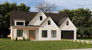 Modern farmhouse-style house with a white exterior, black roof, and front porch, surrounded by green grass and trees.