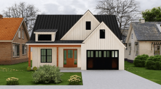 Modern two-story house with a black roof and white exterior, including a two-car garage and a front door with windows, surrounded by greenery.