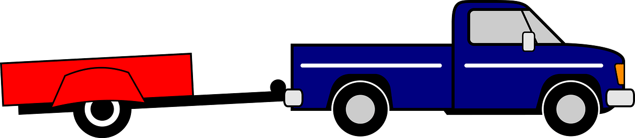 Blue pickup truck towing a red trailer against a black background.