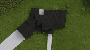 A black pixel art-like figure with a white stripe extending downward, set on green grass.