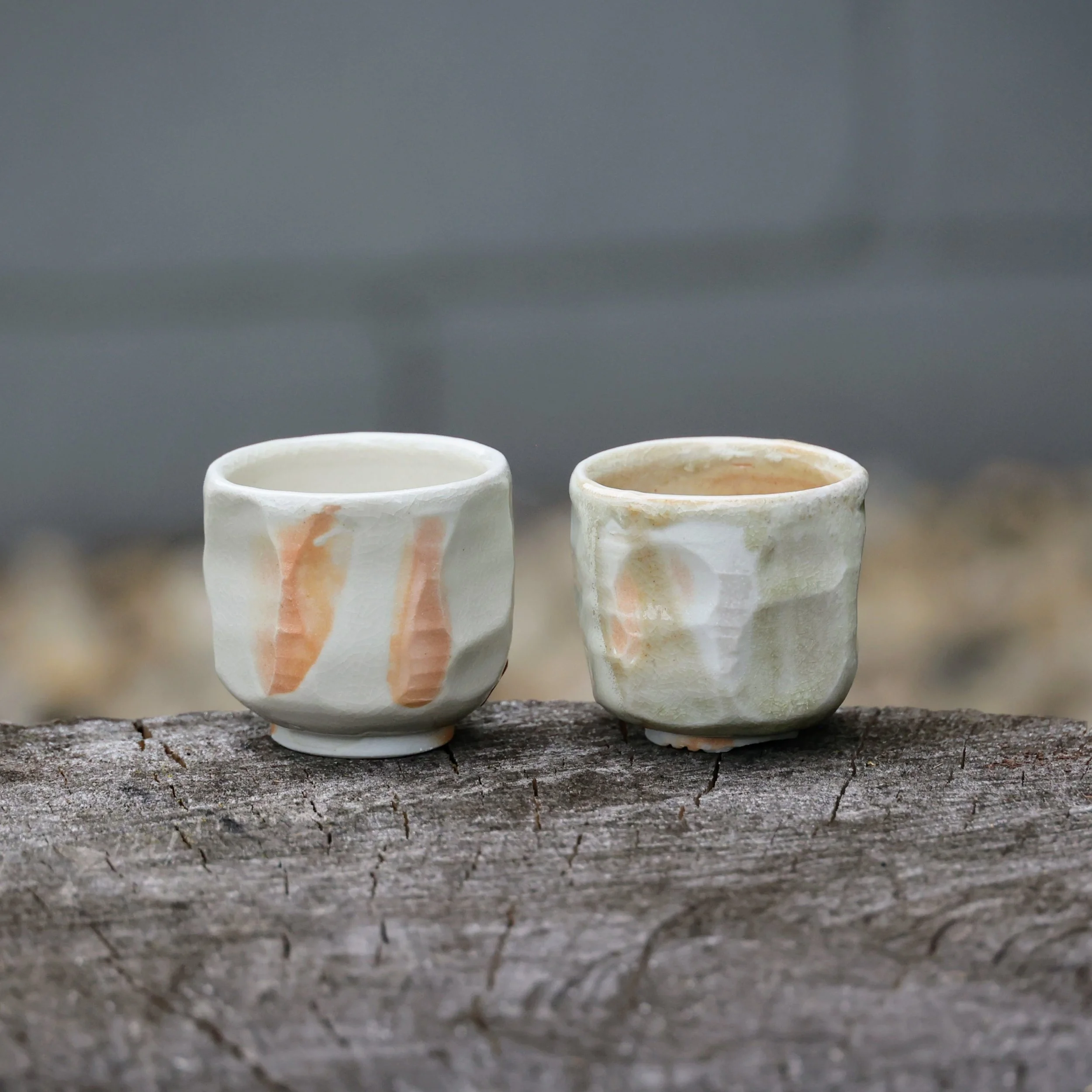 Our roadside bargain pottery stand is open this weekend with some new items! My personal favorites are these little porcelain sake cups (also excellent for tea, espresso, whiskey, and small amounts of wine). The natural ash glaze got juicy enough tha