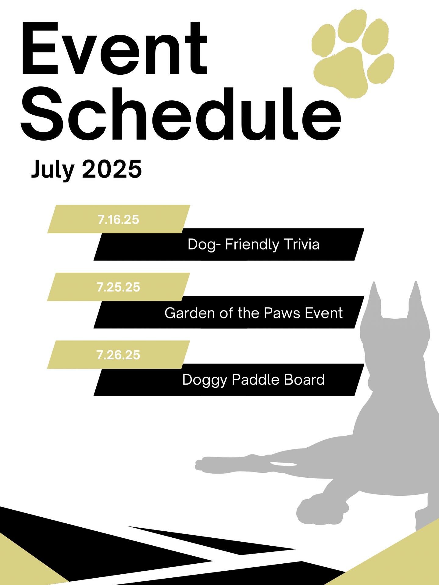 July Event Schedule!
July is our hottest month of the summer season, so we’re taking a break from our regular pack meetups. But don’t worry—we’ve got some exciting new events lined up for you and your pup!
Dog-Friendly Trivi