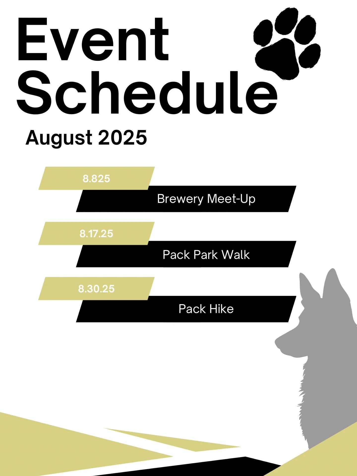 Happy August!
We’re getting back into the swing of things and can’t wait to see you at our upcoming meet-ups this month.
First up is our brewery meet-up at Golden’s New Terrain Brewing Company.
Next, join us for a pack walk at Sloa
