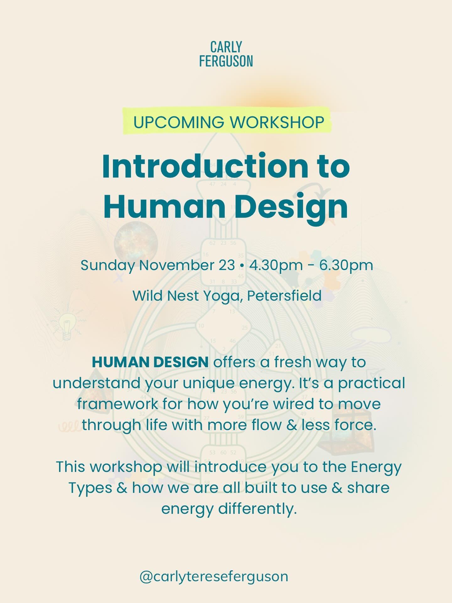 If you&rsquo;ve ever wondered why you can&rsquo;t keep up with others (or why they can&rsquo;t keep up with you), Human Design gives you the language for it.

✨ Introduction to Human Design Workshop
📍 Wild Nest Yoga, Petersfield
🗓 Sunday 23 Novembe