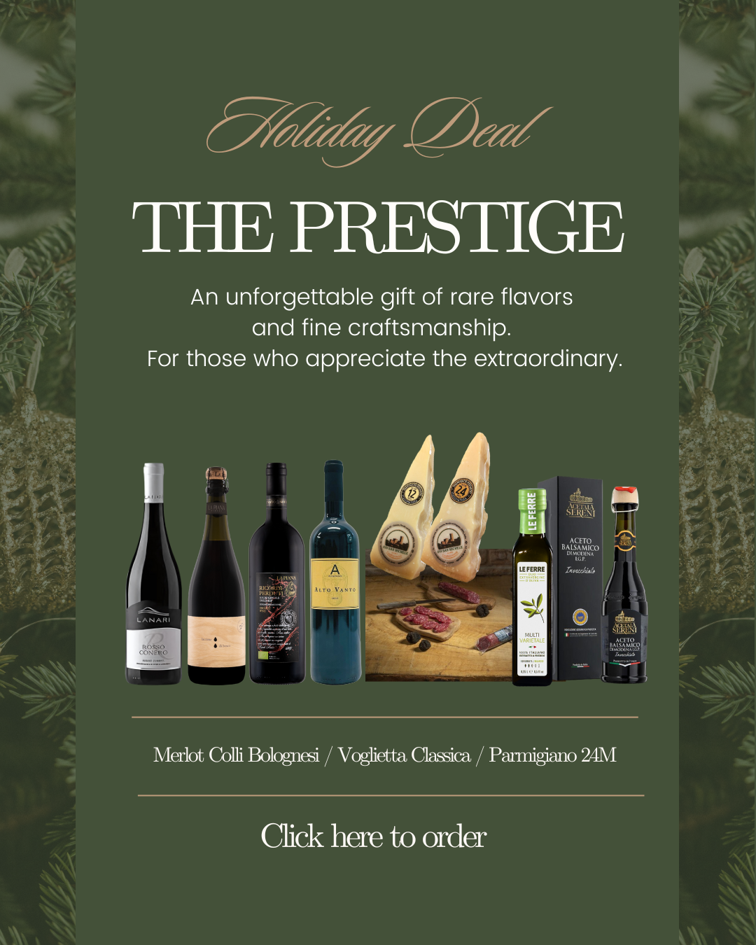 Holiday deal advertisement featuring wines, cheese, and balsamic vinegar with a green background and Christmas tree decorations