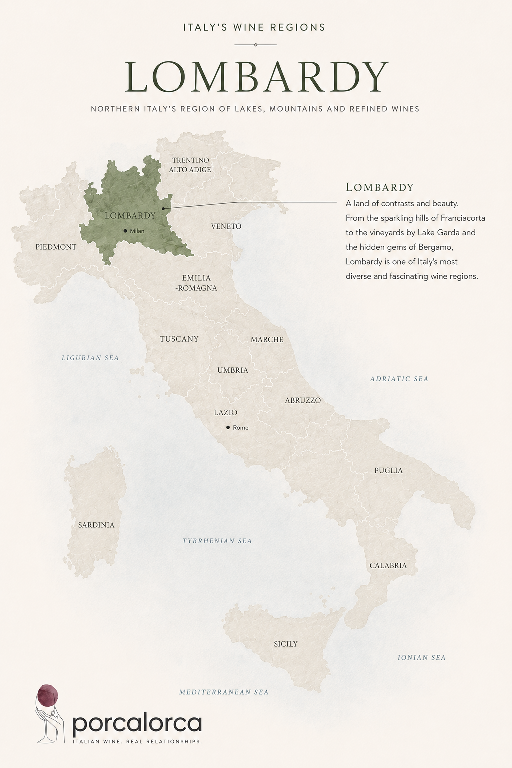 Map of Italy highlighting the Lombardy region in green, with a legend and description about Lombardy's wine regions and cities.