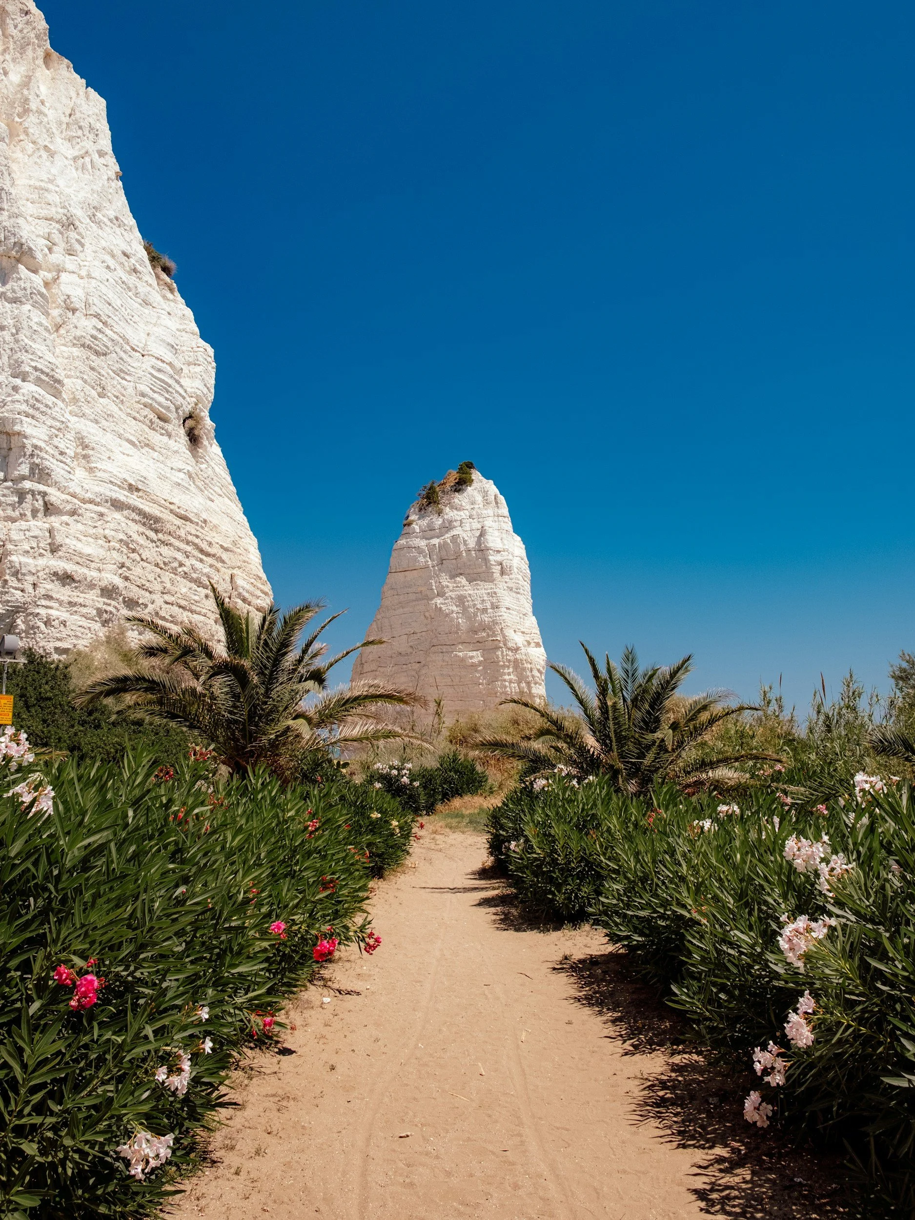 A dirt pathway leading towards white rock formations with green vegetation on top, under a clear blue sky.