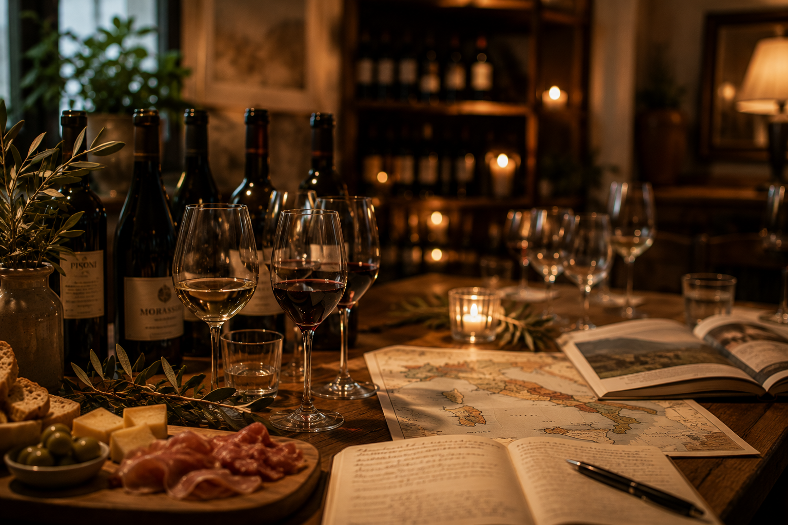 A dinner table with wine bottles, glasses of red and white wine, a candle, an open book with maps and text, a platter of cheese, olives, meats, and greenery, in a cozy, warmly lit restaurant or wine cellar.