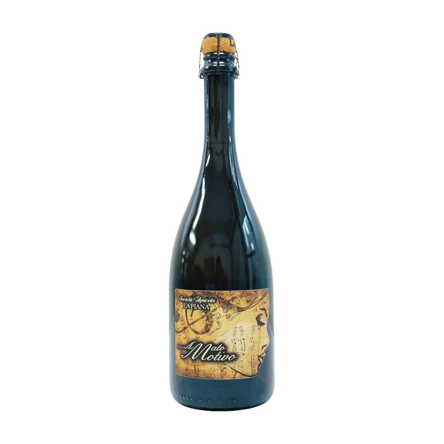 A dark glass bottle of Italian wine with a label featuring a profile of a face and musical notes.