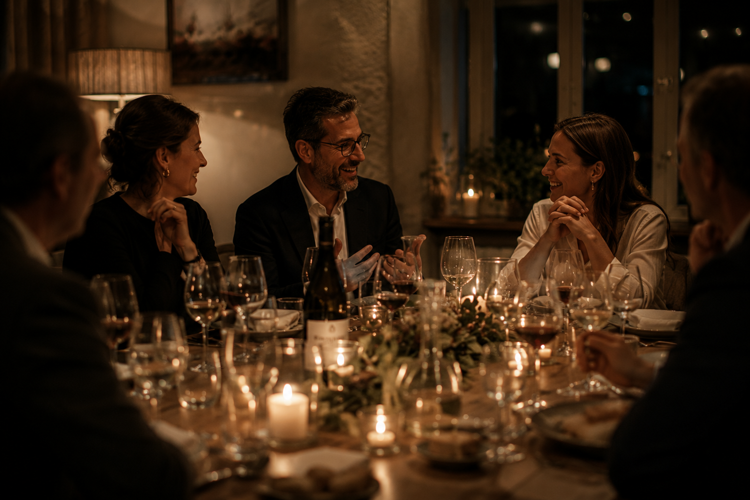 People gathered around a dinner table, smiling and engaging in conversation, in a warmly lit restaurant setting.