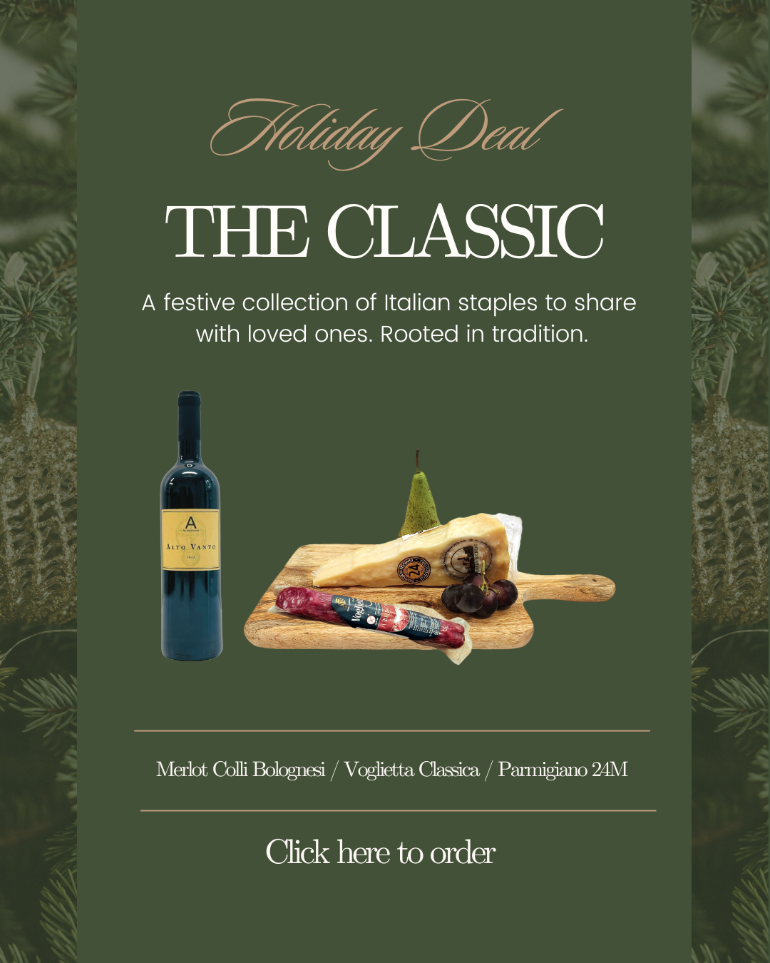 Holiday deal advertisement featuring an Italian wine bottle, cheese, grapes, and cured meat on a wooden board with a green background and festive decorations.