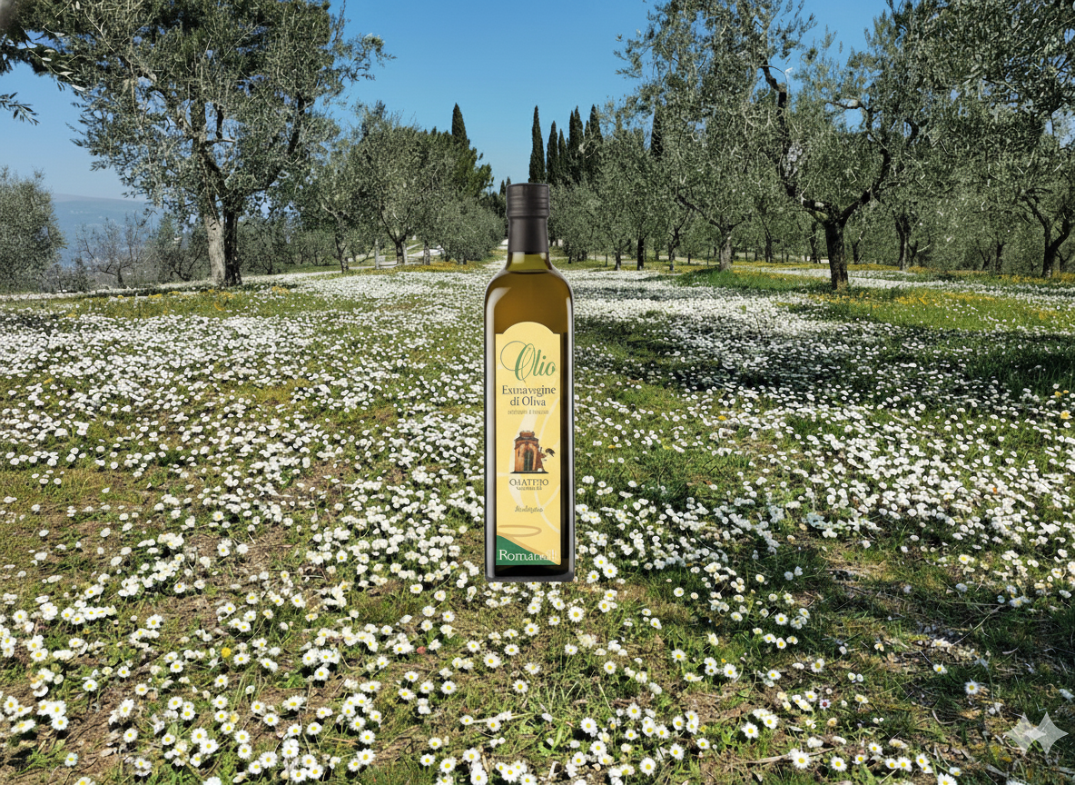 Bottle of olive oil standing on a field filled with white daisies, with trees and a clear blue sky in the background.