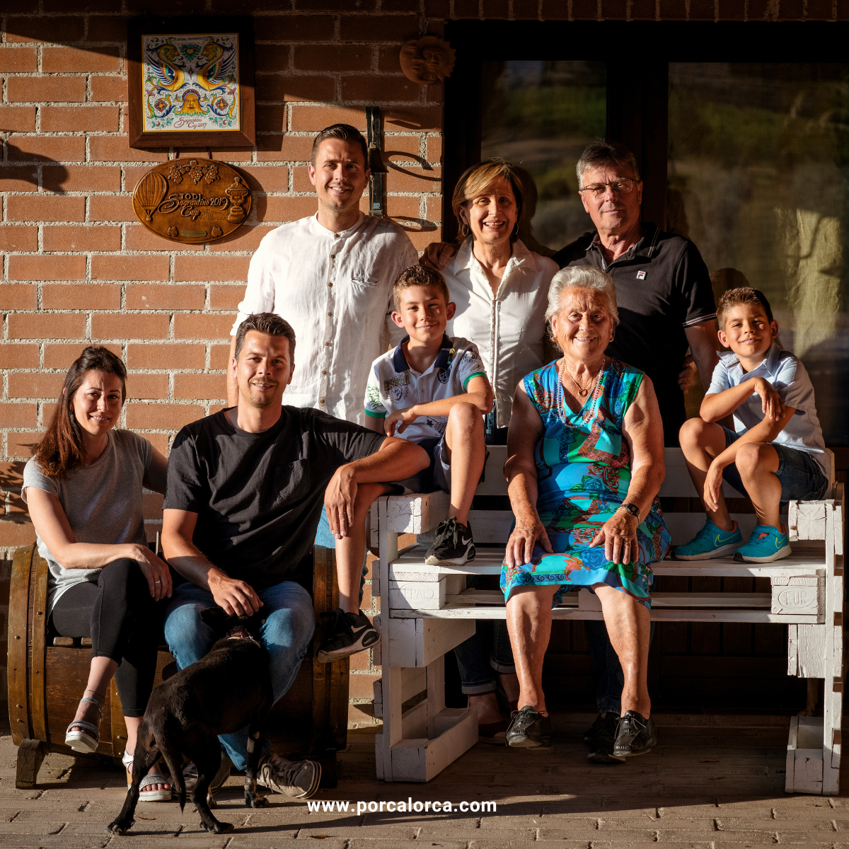Family portrait with nine people, including children and elderly, sitting and standing outside on a sunny day, with brick wall background and wooden benches.