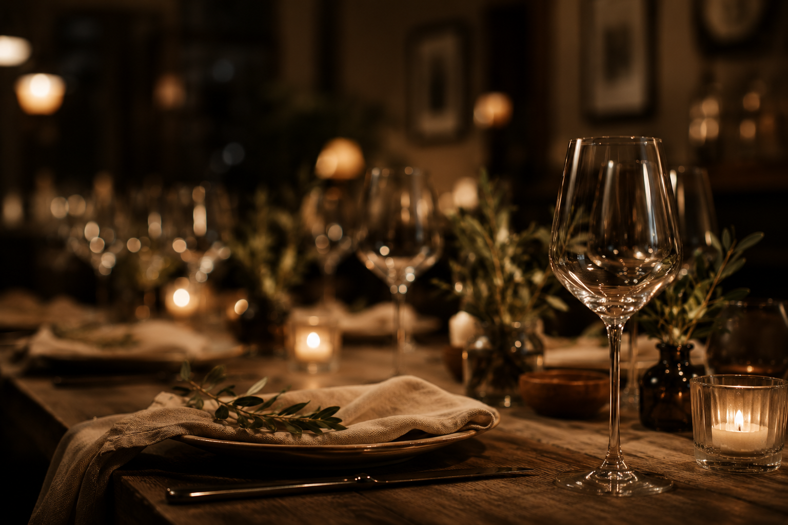 Elegant dinner table setting with wine glasses, napkins, greenery, and candlelight in a dimly lit restaurant.