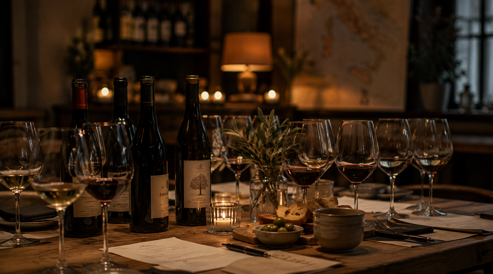 A cozy dining table set with multiple wine glasses, bottles of wine, a small bowl of green olives, bread, and menus, illuminated by candlelight in a warm, softly lit restaurant.