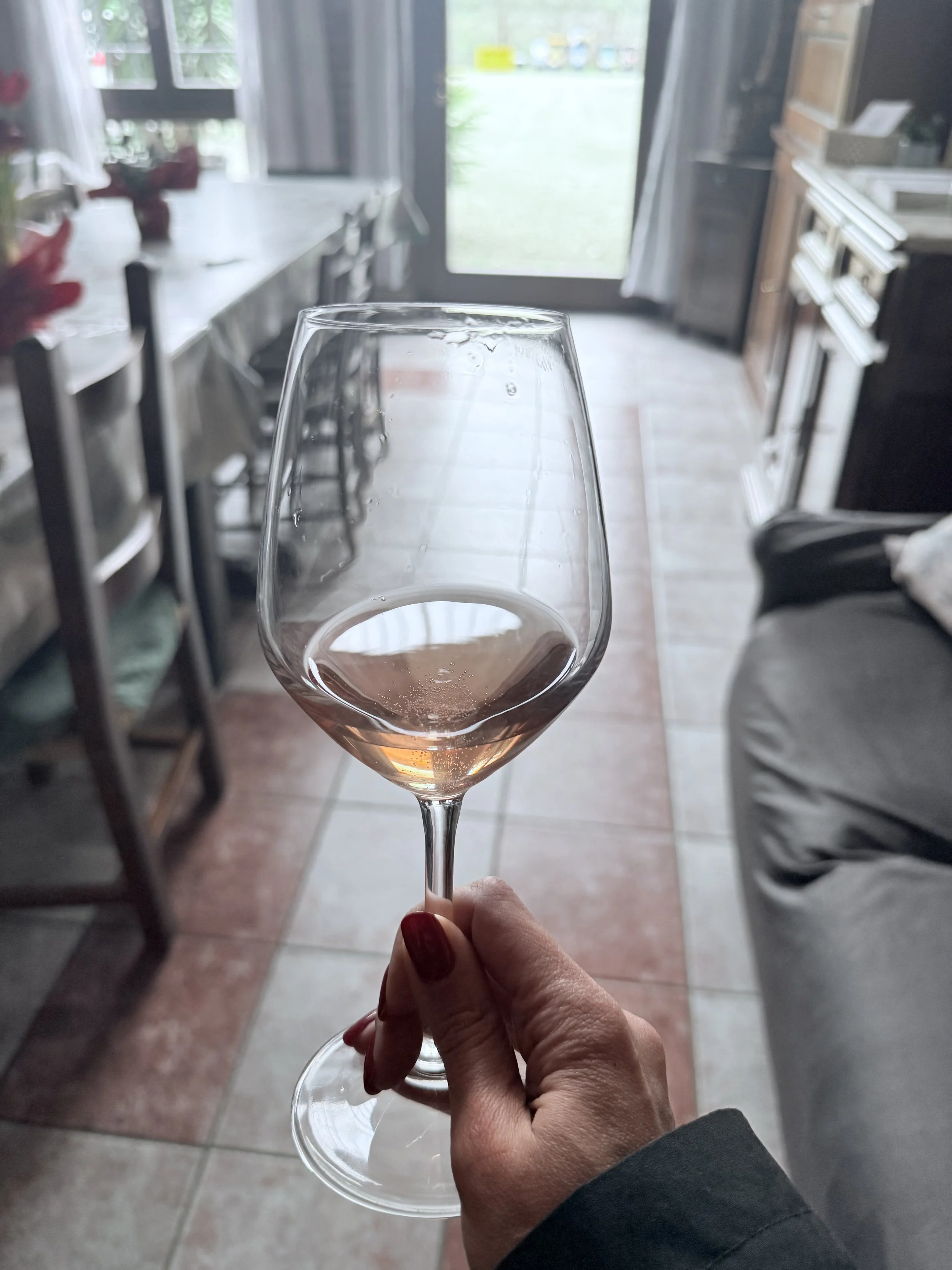 Person holding a glass of rosé wine in a room with a door leading outside, a table with a cloth on it, chairs, and shelves with various items.
