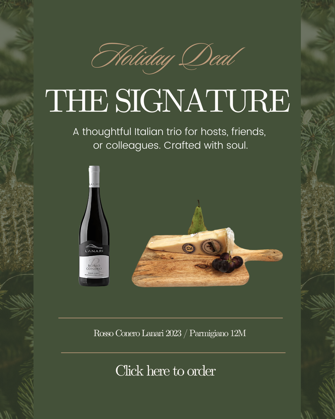 A promotional flyer for a holiday food and wine deal featuring a bottle of red wine and a wedge of Parmesan cheese with grapes and a pear on a wooden cutting board, set against a green background decorated with Christmas tree branches.