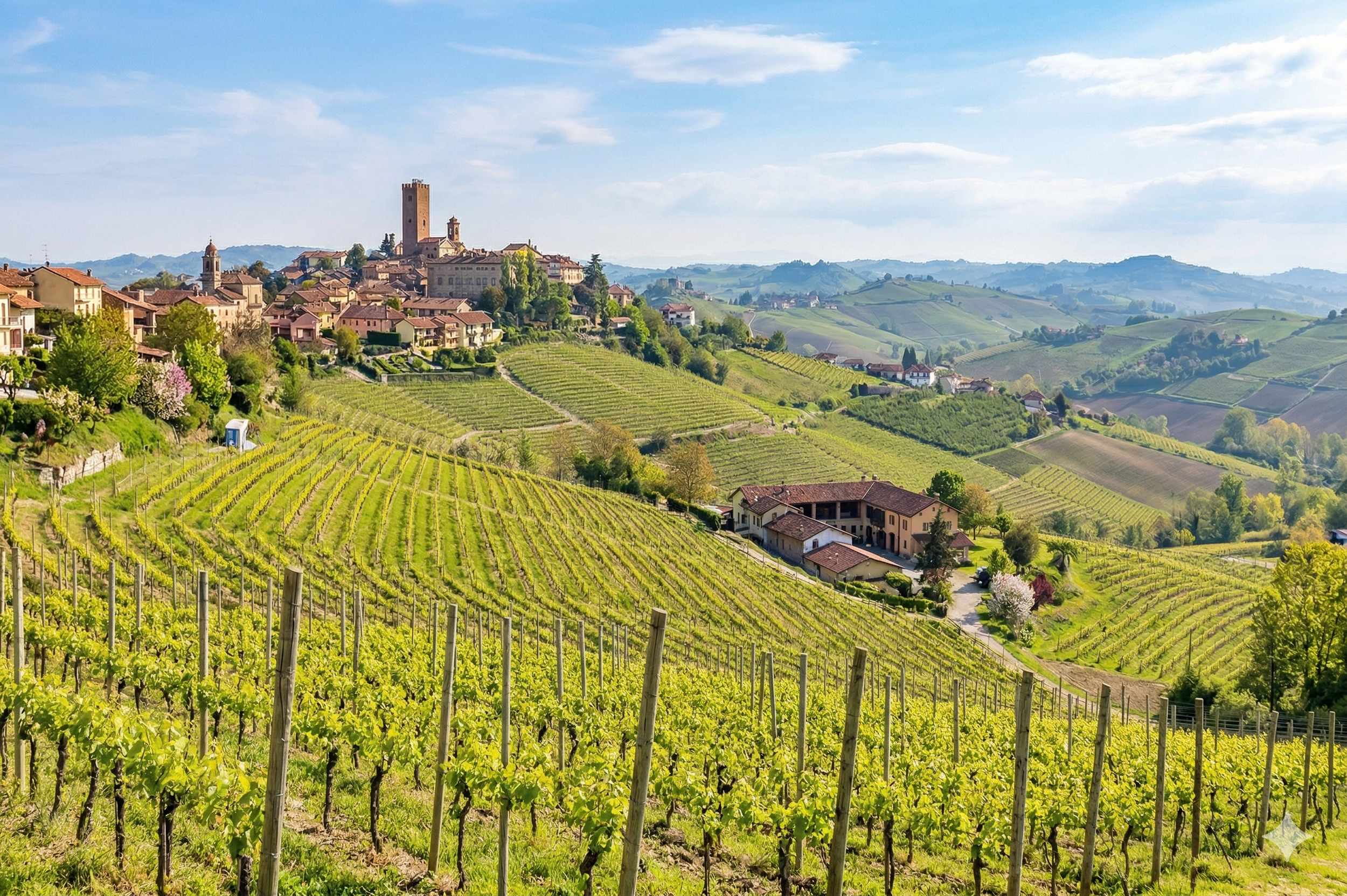 Vineyards on rolling hills surrounding a small Italian town with historic buildings and a tall tower under a partly cloudy sky.
