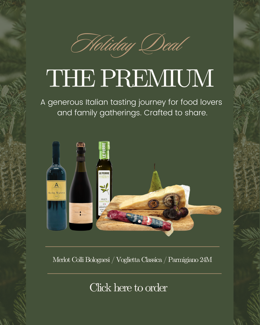 Holiday deal promotional flyer featuring bottles of wine, cheese, grapes, and salami on a wooden cutting board with a green background and festive pine branches.